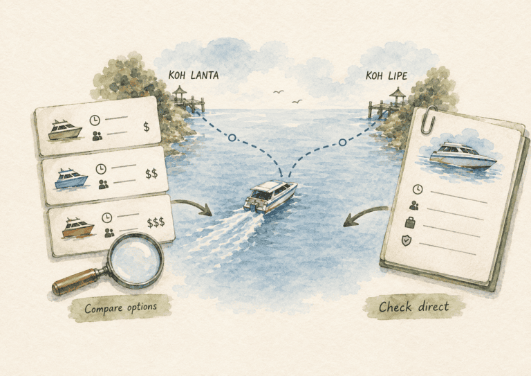 Comparison illustration of ferry booking from Koh Lanta to Koh Lipe, showing multiple options on the left under “Compare options” and a single direct-booking checklist on the right under “Check direct.”