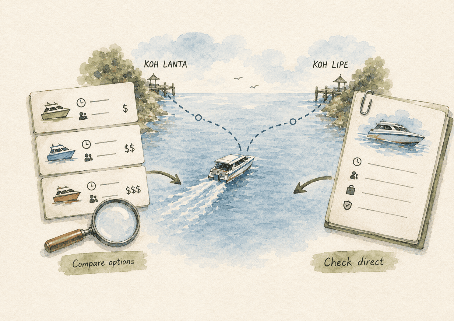 Comparison illustration of ferry booking from Koh Lanta to Koh Lipe, showing multiple options on the left under “Compare options” and a single direct-booking checklist on the right under “Check direct.”