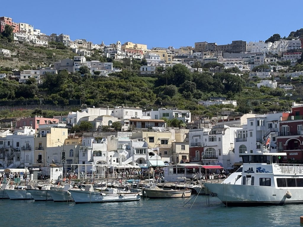 Marina Grande on Capri with boats in the harbour and buildings rising up the hillside.
