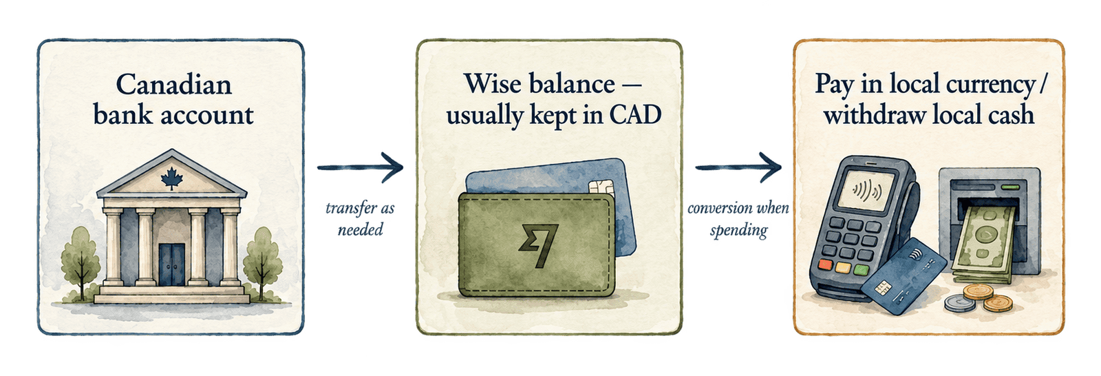 Diagram showing money transferred from a Canadian bank account to a Wise balance kept in CAD, then converted when paying in local currency or withdrawing local cash.