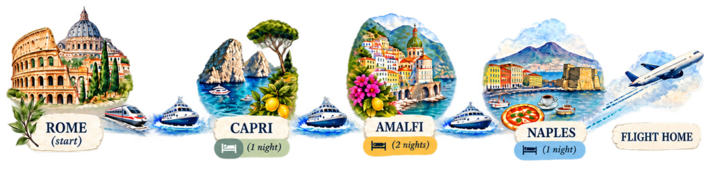 Route from Rome to Capri for one night, Amalfi for two nights, Naples for one night, then flight home.