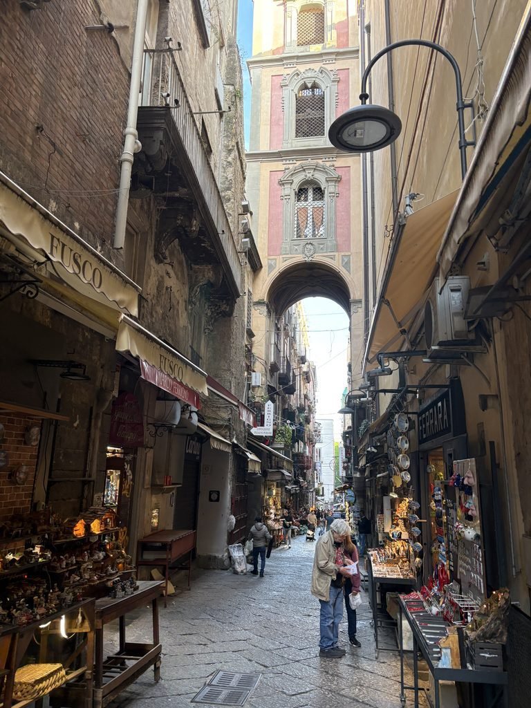 Narrow street in Naples' historic centre lined with shops, balconies and pedestrians.