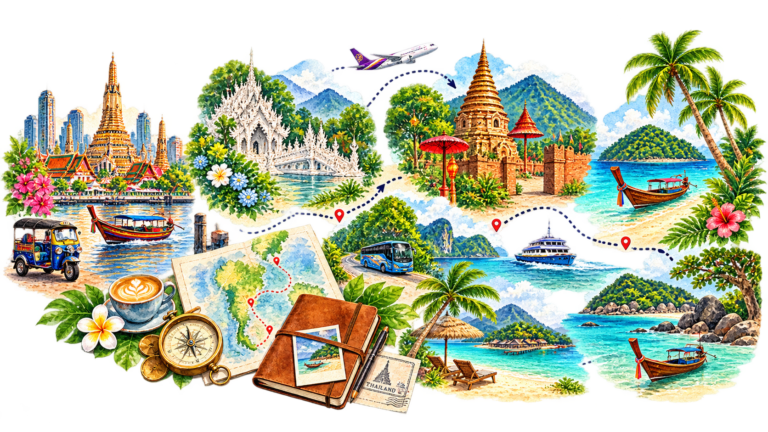 Illustrated multi-stop Thailand itinerary showing Bangkok, northern Thailand and island travel by plane, bus and ferry.