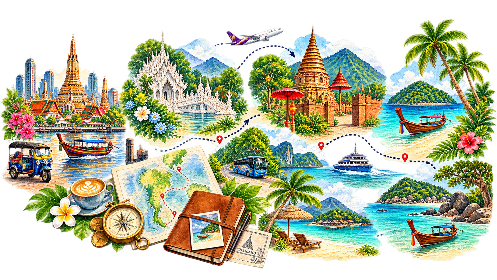 Illustrated multi-stop Thailand itinerary showing Bangkok, northern Thailand and island travel by plane, bus and ferry.