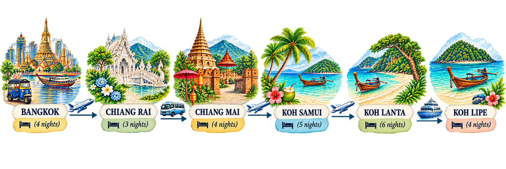Illustrated 26-night Thailand route from Bangkok to Chiang Rai, Chiang Mai, Koh Samui, Koh Lanta and Koh Lipe, with nights and transport between stops.