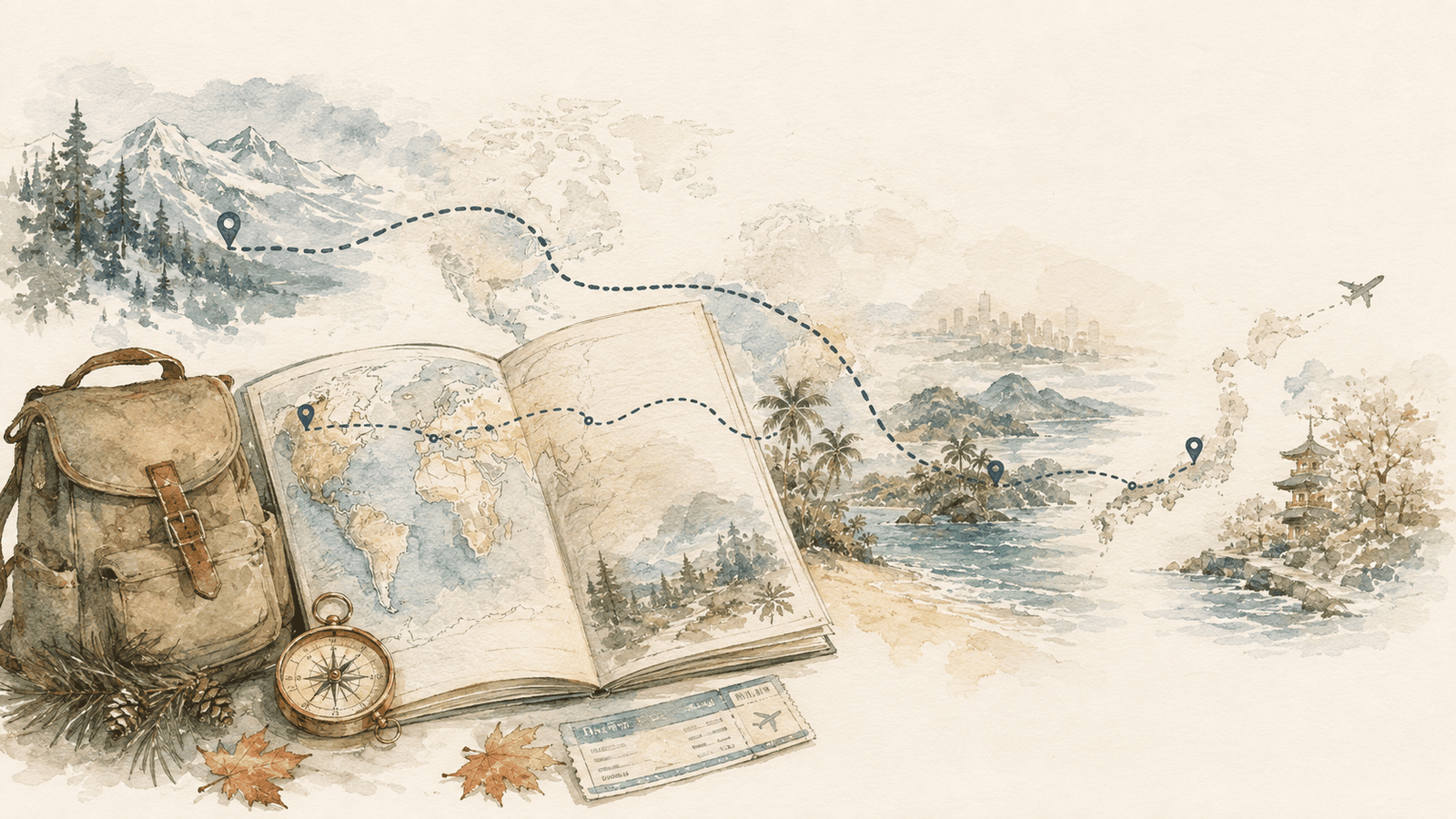 Watercolor travel illustration of a backpack, map and compass with a route from Canada through Southeast Asia to Japan